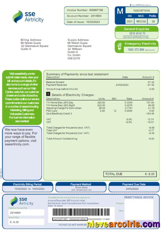 AUSTRALIA SSE AIRTRICITY utility bill